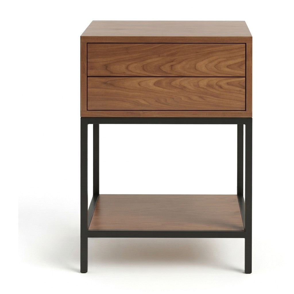 Velador Arinove con Dos Cajones 40 cm Kallfü en madera TOFFEE con repisa baja y base de metal negro