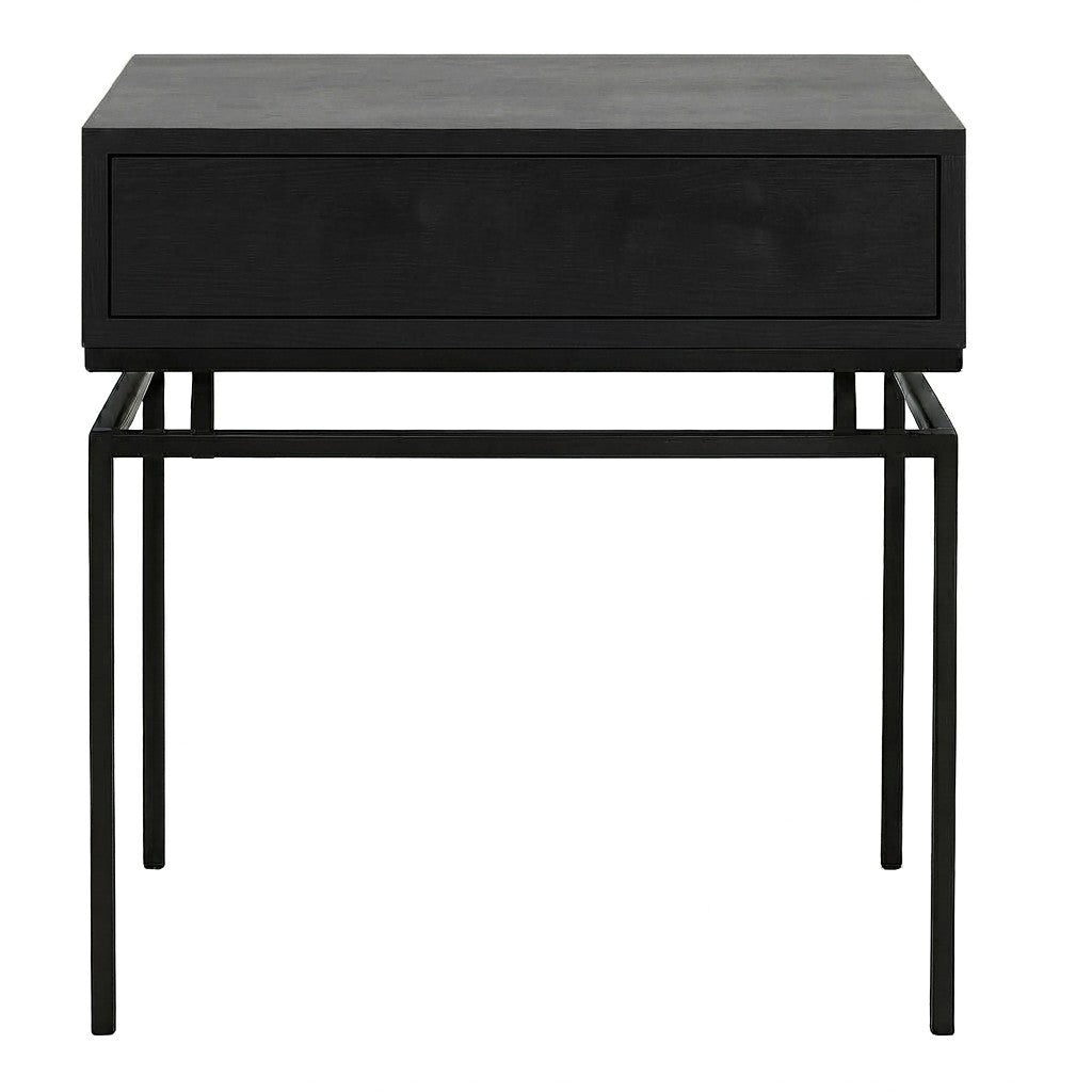 Velador Auren con Cajón 40 cm Kallfü en madera BLACK con cajón sin tirador y base de metal negro