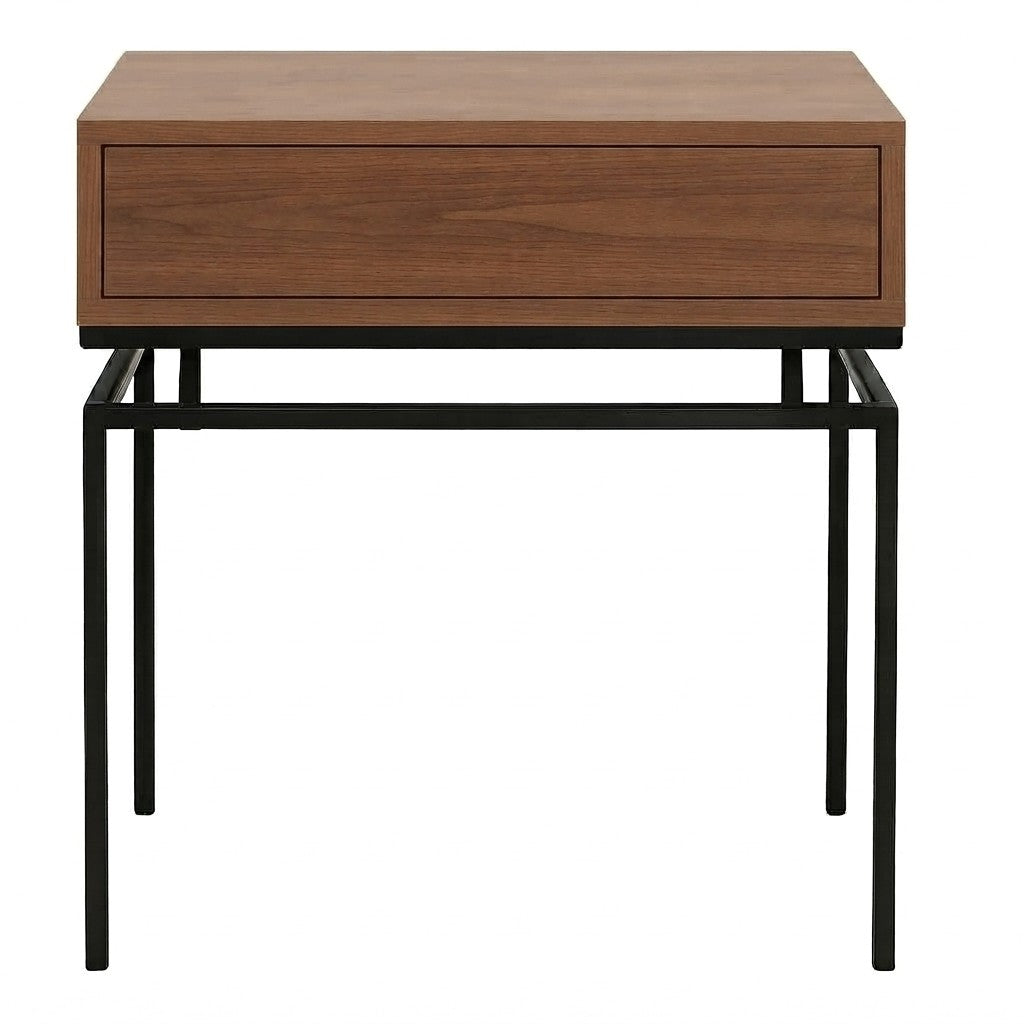 Velador Auren con Cajón 40 cm Kallfü en madera TOFFEE con cajón sin tirador y base de metal negro