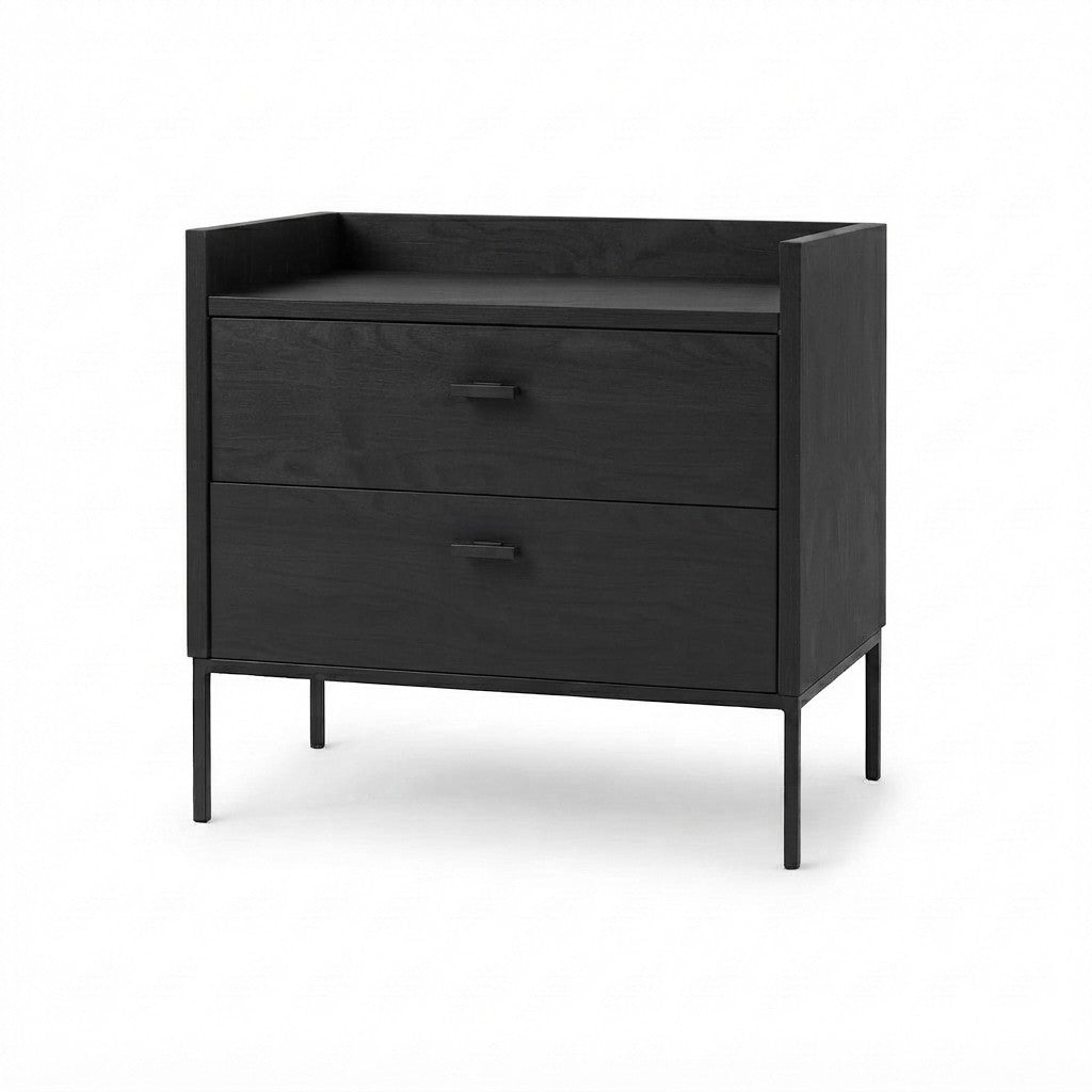 Velador Lavora 40 cm Kallfü en madera BLACK con dos cajones, borde en tres lados y base de metal negro