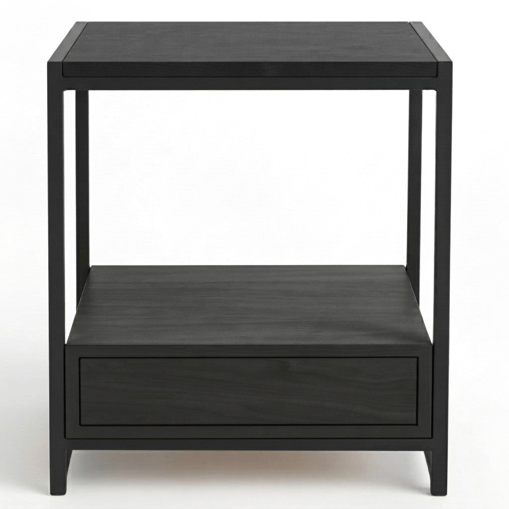 Velador Varel con Cajón 40 cm Kallfü en madera BLACK con estructura de metal negro y vano abierto