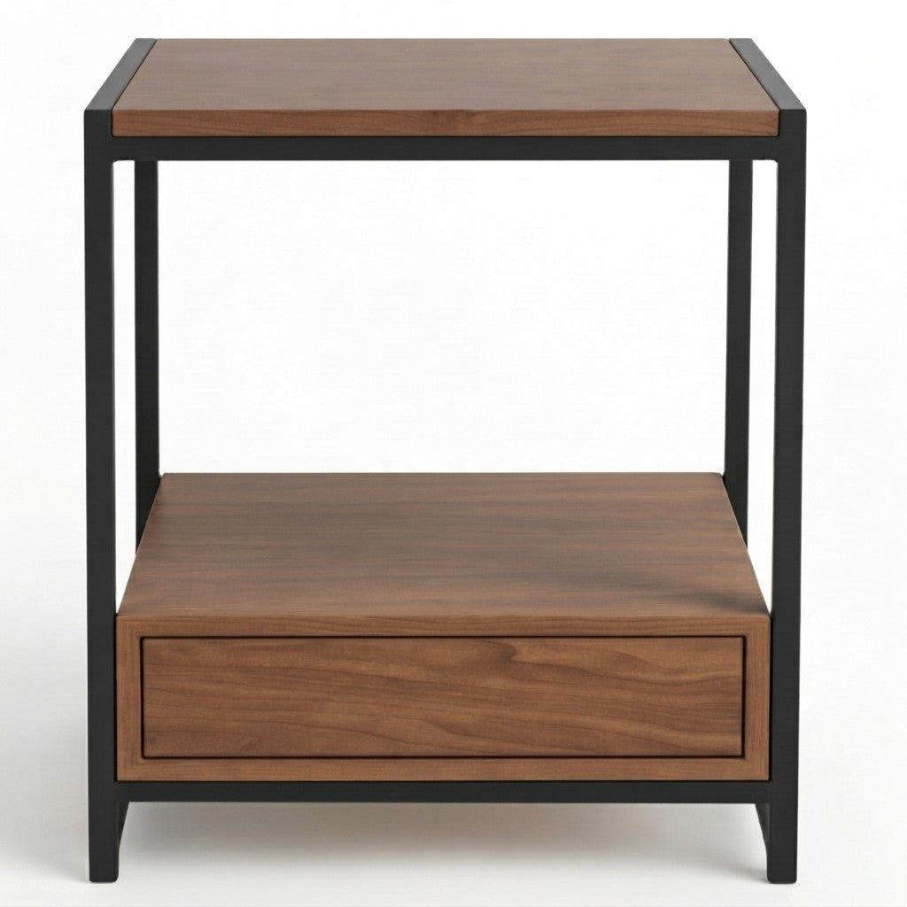 Velador Varel con Cajón 40 cm Kallfü en madera TOFFEE con estructura de metal negro y vano abierto