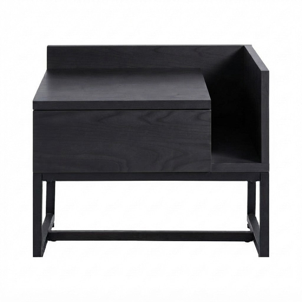 Velador Zarde con Cajón 60 cm Kallfü en madera BLACK, con nicho abierto al costado y base de metal negro