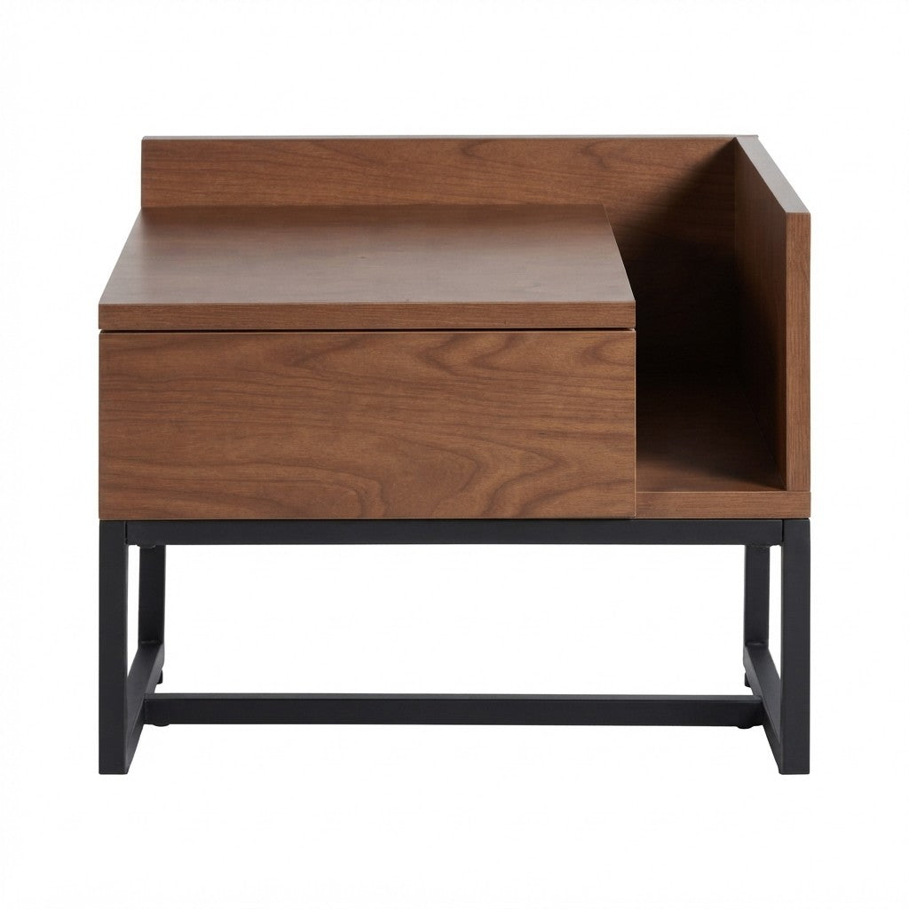 Velador Zarde con Cajón 60 cm Kallfü en madera TOFFEE, con nicho abierto al costado y base de metal negro