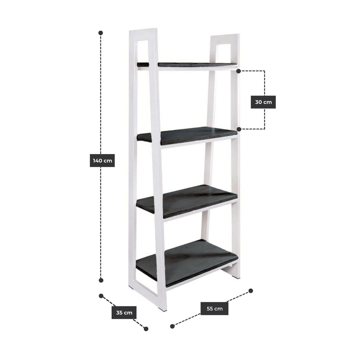 Librero Escalera 55 cm con estructura de acero blanco y cubierta de madera negra