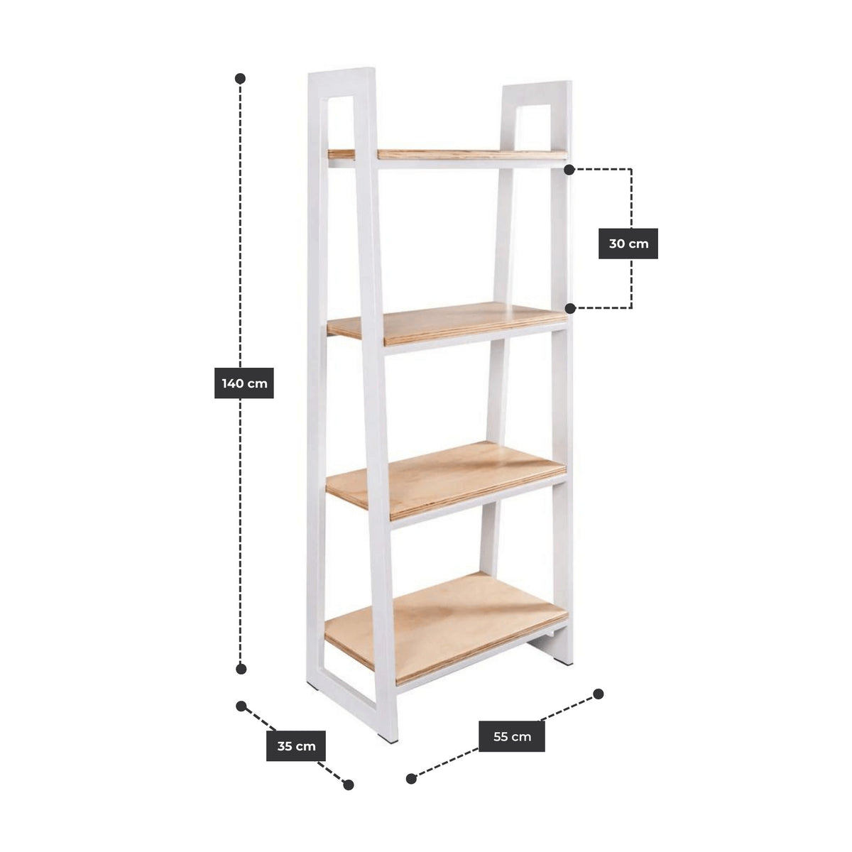 Librero Escalera 55 cm con estructura de acero blanco y cubierta de plywood de abedul