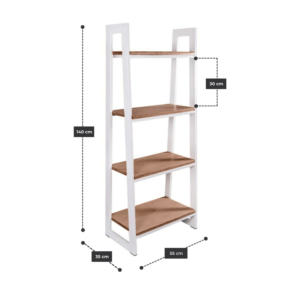 Librero Escalera 55 cm con estructura de acero blanco y cubierta de madera en tono nogal
