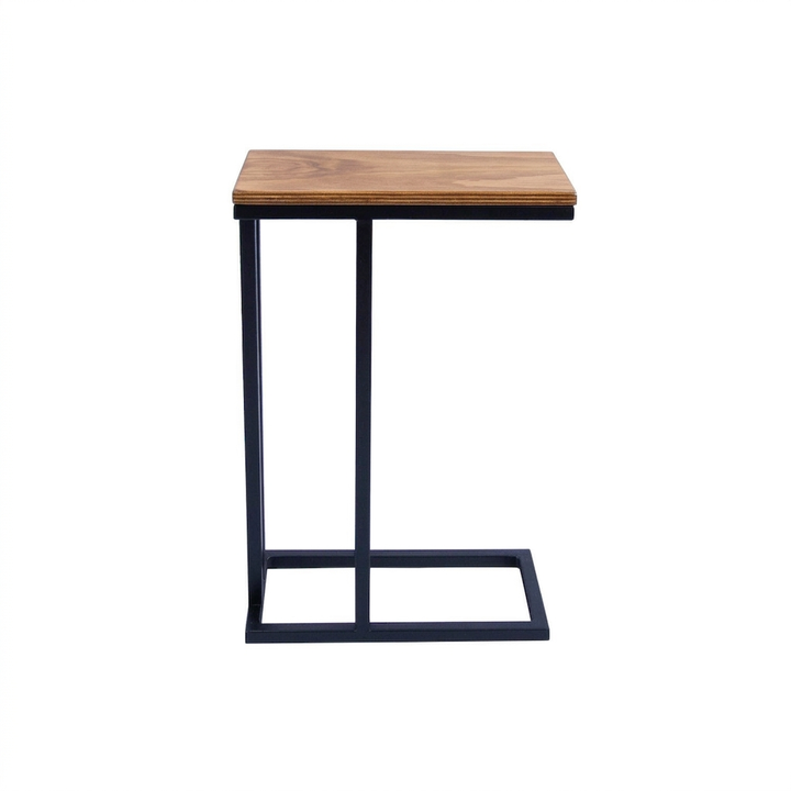 Mesa lateral auxiliar con cubierta de madera en tono nogal y base en C de acero negro