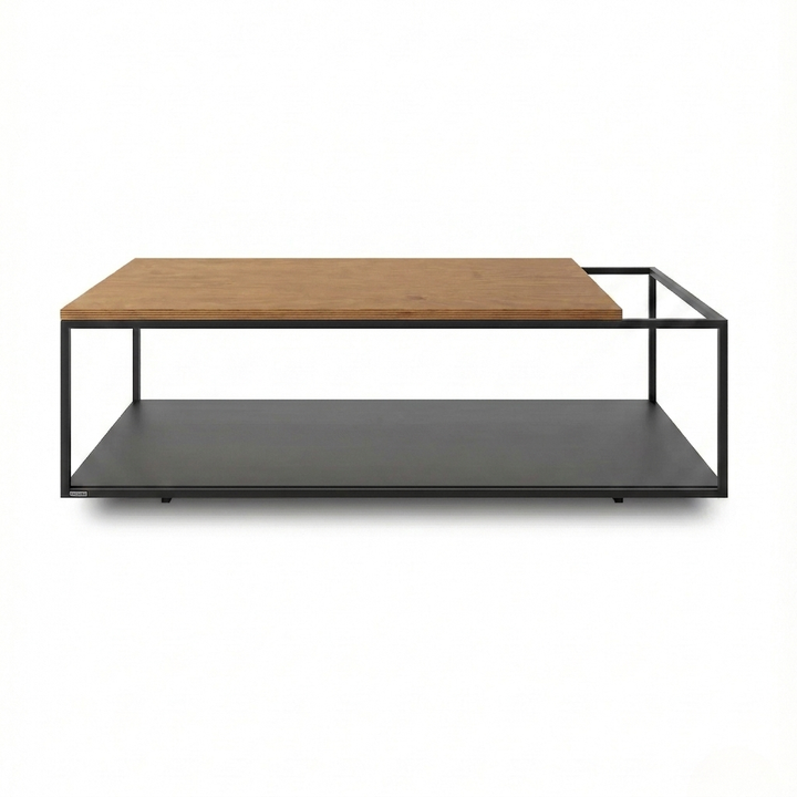 Mesa de centro Salto con cubierta de madera en tono nogal sobre estructura de acero negro, vista de frente en fondo blanco