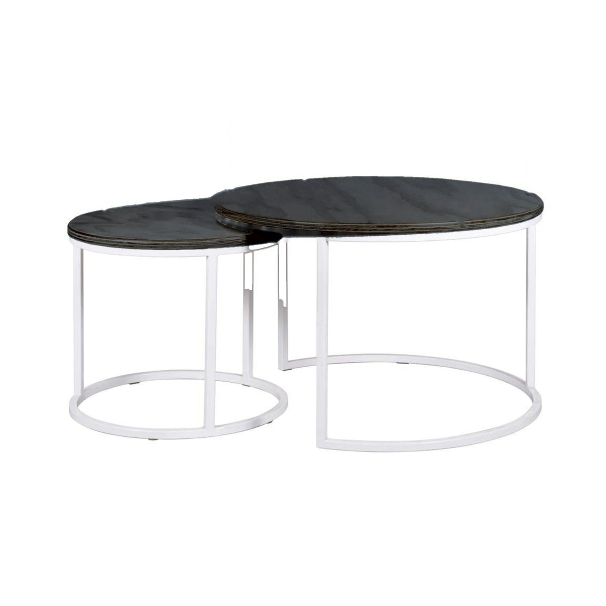 Mesa de Centro Nido Redonda de Madera con estructura de acero blanco y cubierta de madera negra