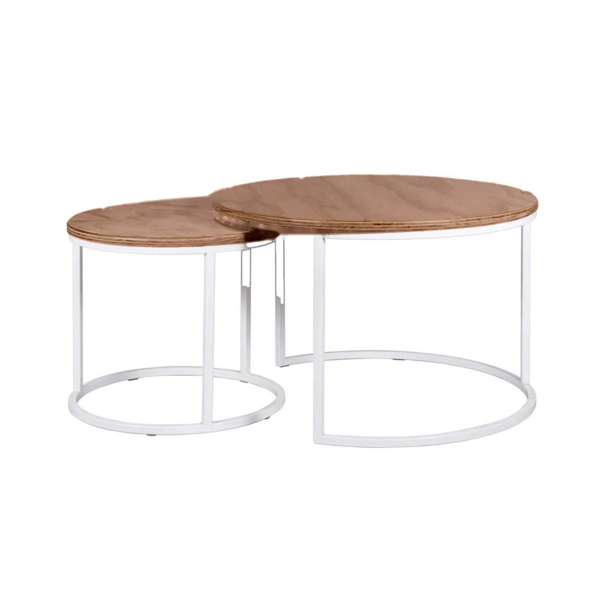 Mesa de Centro Nido Redonda de Madera con estructura de acero blanco y cubierta de madera en tono nogal
