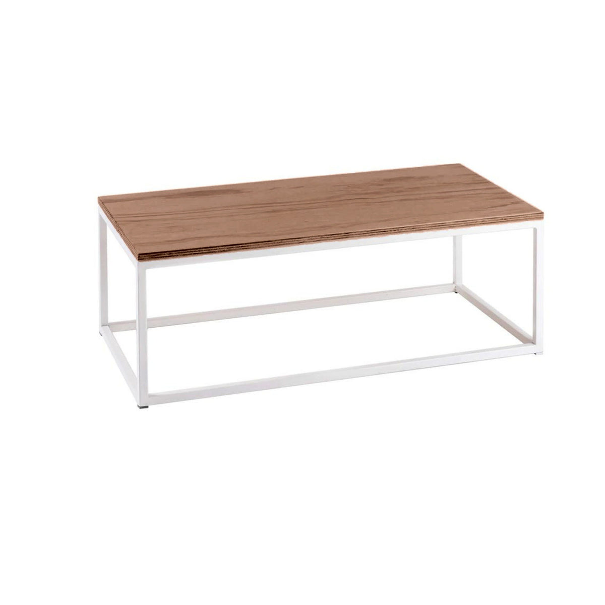 Mesa de Centro Rectangular de Madera con estructura de acero blanco y cubierta de madera en tono nogal