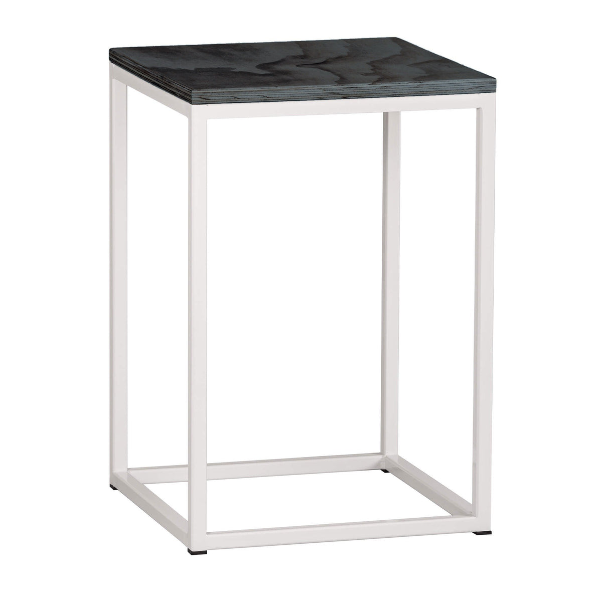 Mesa Lateral Altar 40 cm con estructura de acero blanco y cubierta de madera negra
