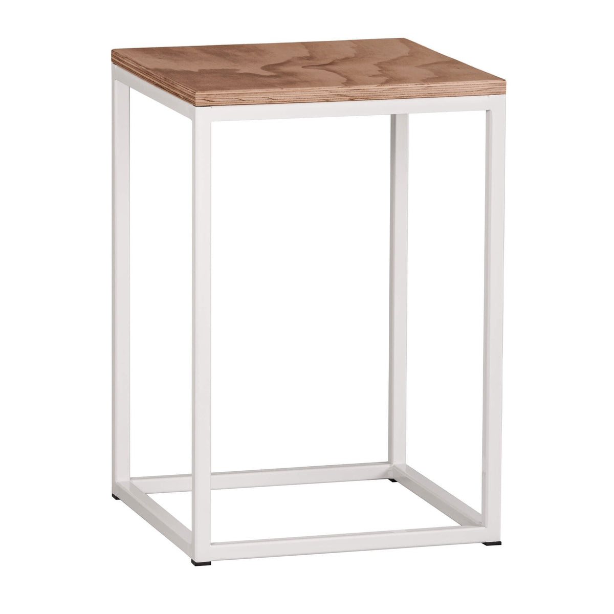 Mesa Lateral Altar 40 cm con estructura de acero blanco y cubierta de madera en tono nogal