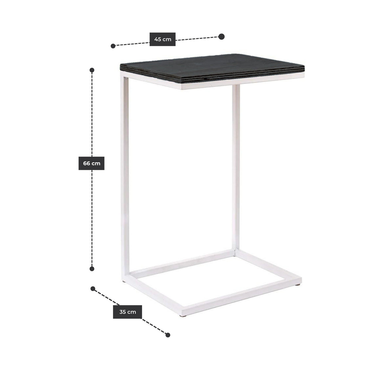 Mesa Lateral Piscolera 45 cm con estructura de acero blanco y cubierta de madera negra
