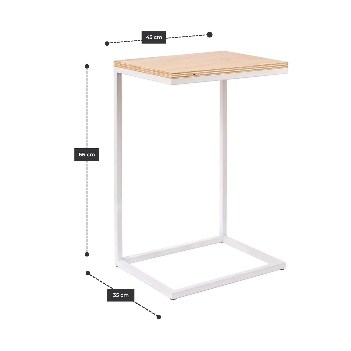 Mesa Lateral Piscolera 45 cm con estructura de acero blanco y cubierta de plywood de abedul