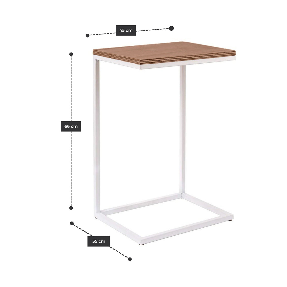 Mesa Lateral Piscolera 45 cm con estructura de acero blanco y cubierta de madera en tono nogal