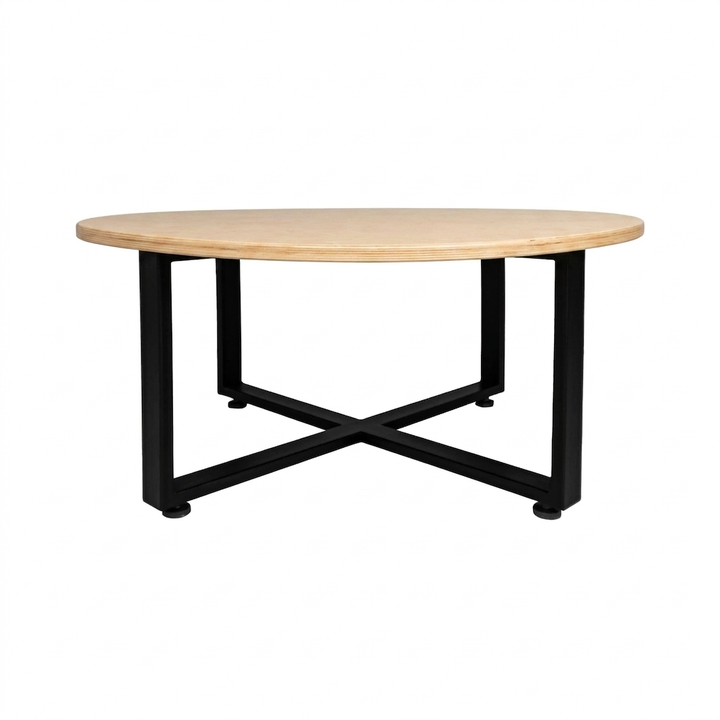 Mesa de centro redonda con cubierta de plywood de abedul natural y base en cruz de metal negro