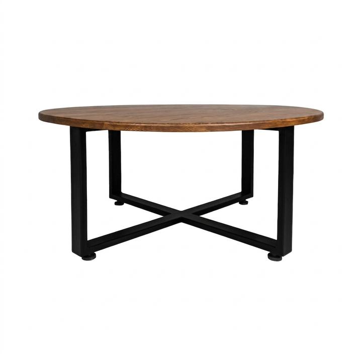 Mesa de centro redonda con cubierta de madera en tono nogal y base en cruz de metal negro