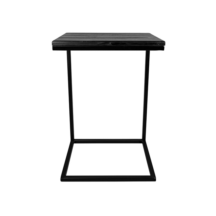 Mesa lateral en C vista de frente, con cubierta de madera teñida negra y estructura de acero negro