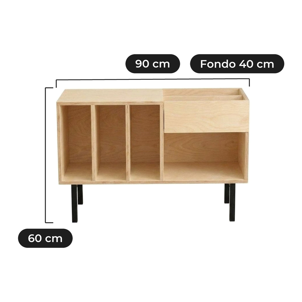 Mueble para Vinilos Boogie 90 cm: 90 cm de ancho, 40 cm de fondo y 60 cm de alto