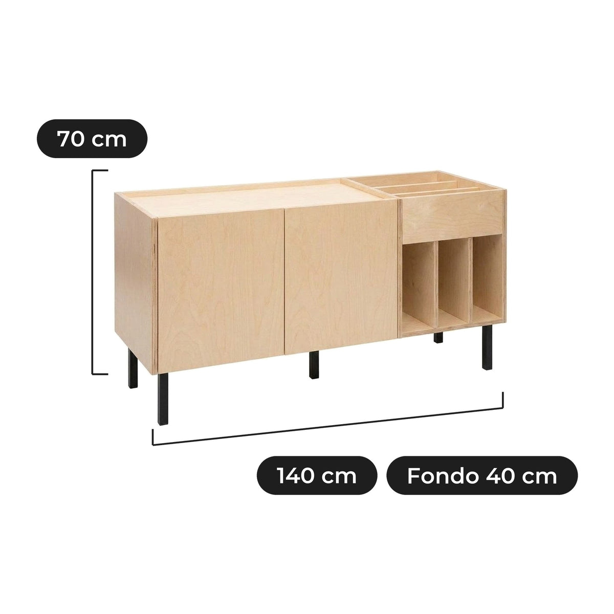 Mueble para Vinilos Seda 140 cm: 140 cm de ancho, 40 cm de fondo y 70 cm de alto