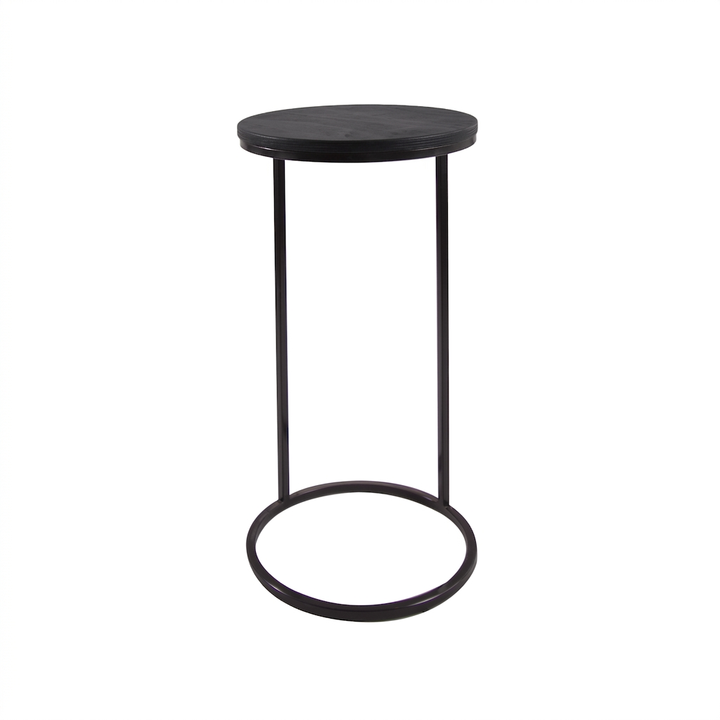 Mesa lateral circular con cubierta de madera teñida negra y base de aro de acero negro