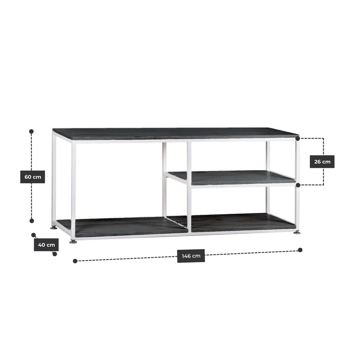 Rack TV 146 cm con estructura de acero blanco y cubierta de madera negra