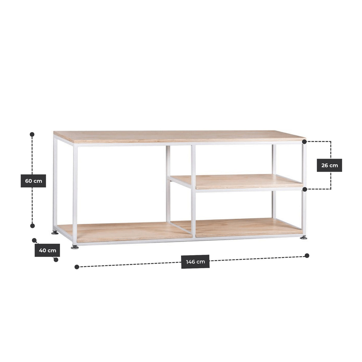 Rack TV 146 cm con estructura de acero blanco y cubierta de plywood de abedul