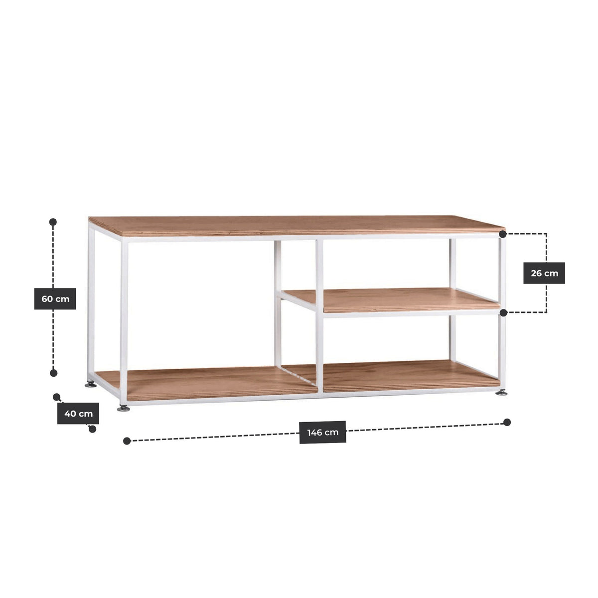 Rack TV 146 cm con estructura de acero blanco y cubierta de madera en tono nogal