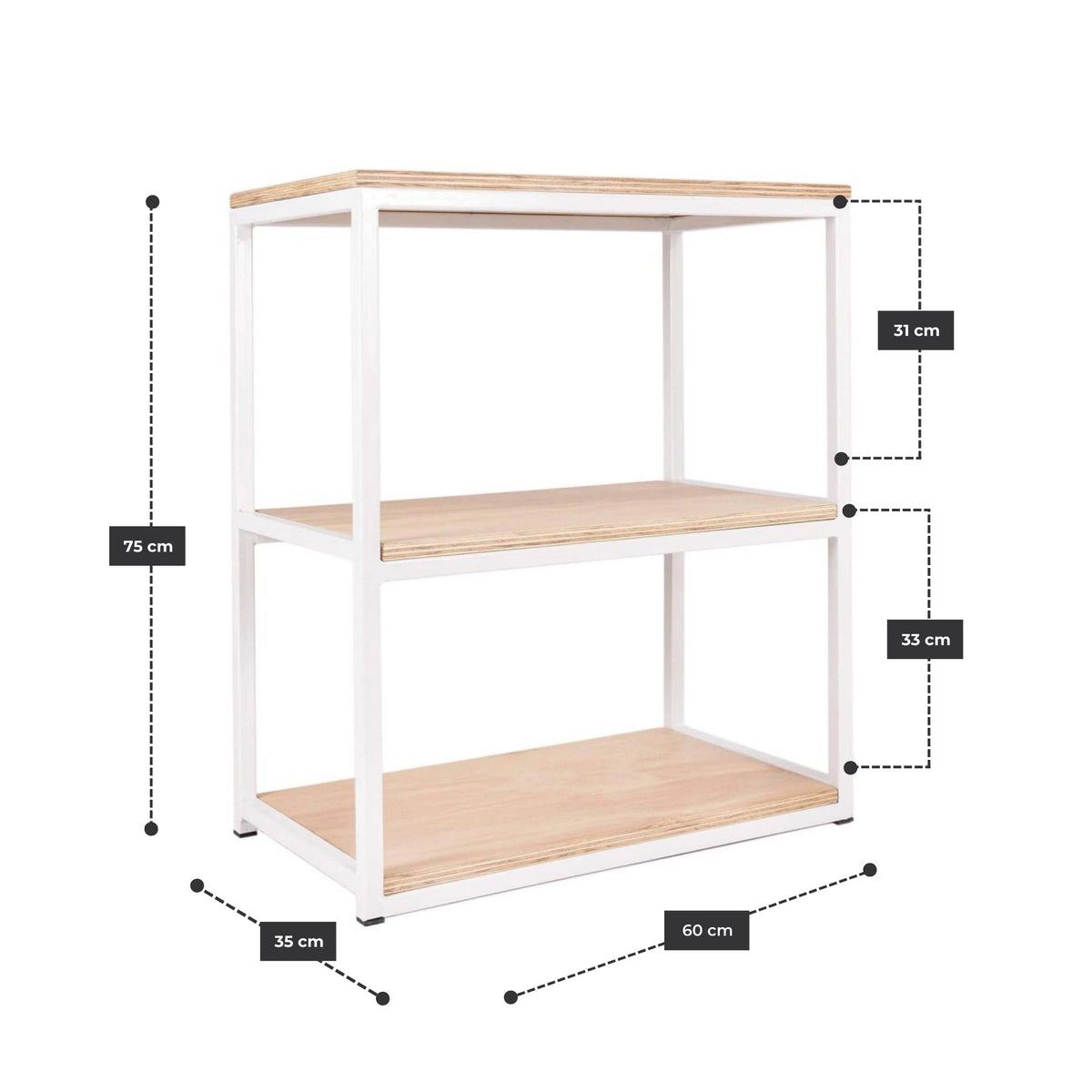Medidas de la repisa de estructura blanca y repisas de abedul: 60 x 35 x 75 cm