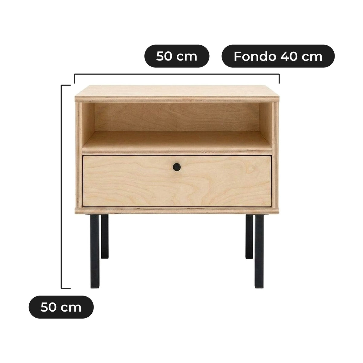 Velador Pernelle con Cajón 50 cm: 50 cm de ancho, 40 cm de fondo y 50 cm de alto