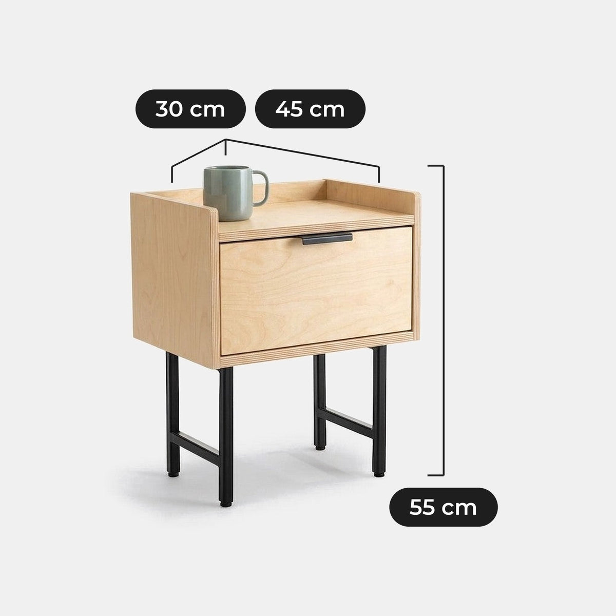 Velador Volga con Cajón 45 cm: 45 cm de ancho, 30 cm de fondo y 55 cm de alto