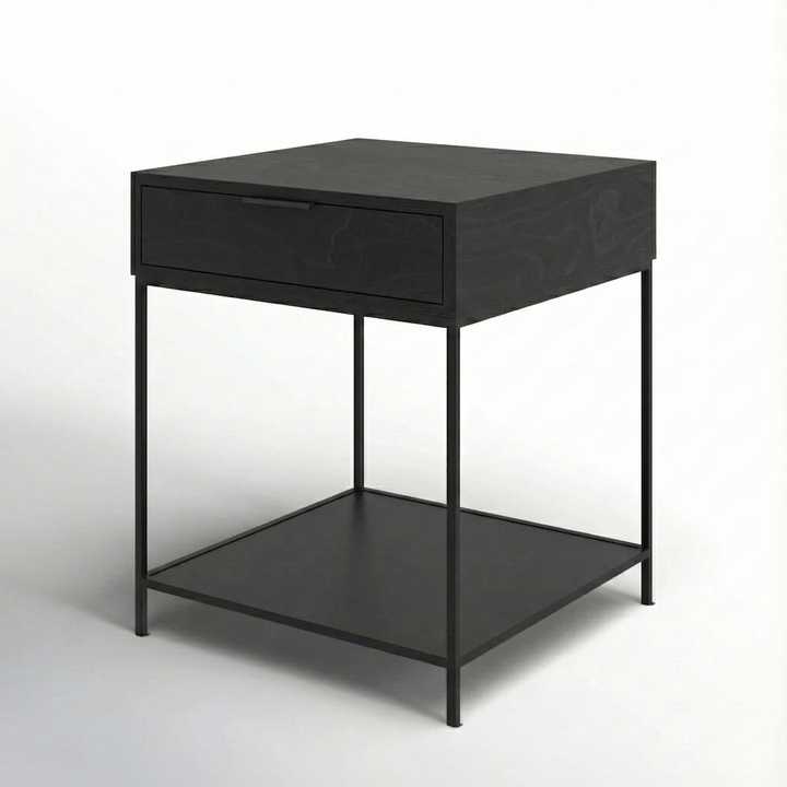 mueble Kallfu mesa lateral MIMA en plywood de abedul con acero electropintado negro mate en dormitorio