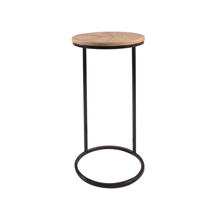 Mesa lateral circular con cubierta de plywood de abedul natural sobre base de aro de acero negro